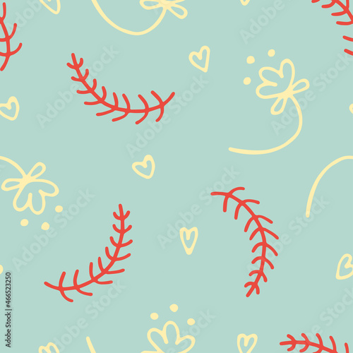 Surprisingly cute vector pattern. Doodles in the form of flowers and beige hearts, as well as red spruce twigs on a pale blue winter background. Perfect holiday or winter pattern, print or background
