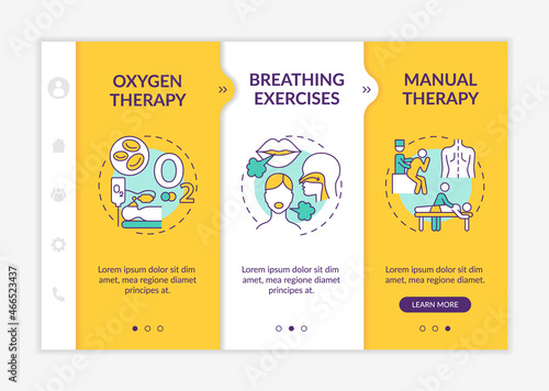 Pulmonary rehabilitation and therapy onboarding vector template. Responsive mobile website with icons. Web page walkthrough 3 step screens. Treatment methods color concept with linear illustrations