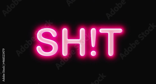 Shit flashing word with exclamation point red neon light inscription isolated on black