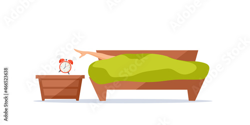 Morning awakening. A man lying in bed is trying to reach the loud alarm clock with his hand. Cartoon vector illustration.