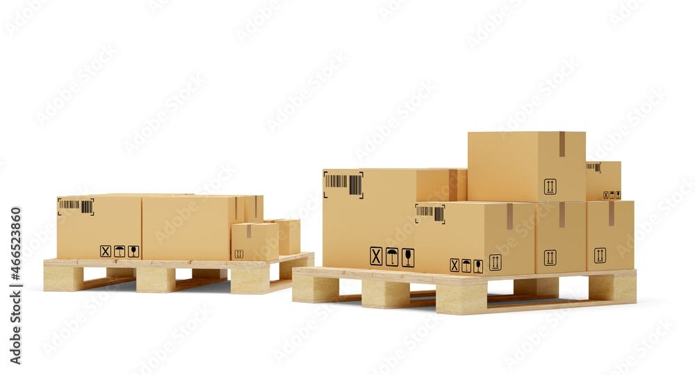 Carton cardboard boxes on two wooden pallets over white background, freight, cargo, delivery or storage concept Carton cardboard boxes on two wooden pallets over white background, freight, cargo, delivery or storage concept