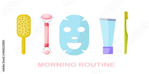 Collection of morning procedures icons. Everyday affairs. Stickers - comb, massager, face mask, toothpaste and brush. Early awakening. Vector cartoon illustration.
