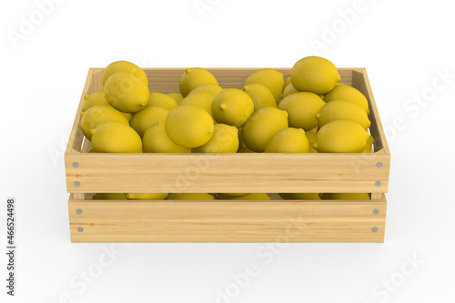 wooden crate with lemones on white background. Isolated 3D illustration photo