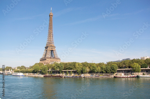View of Eiffel Tower over the Seine on a sunny day, Paris, France