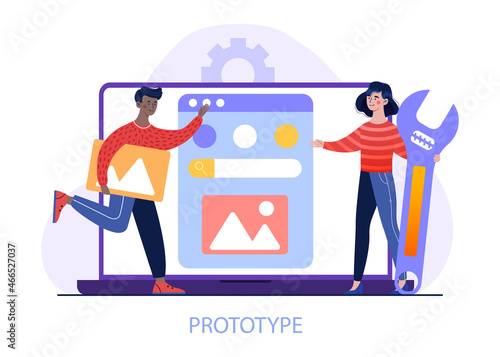 Website template development. Man and girl created prototype. Creation of mobile application, layout, design. Employees in office, tablet, screen, modern technology.