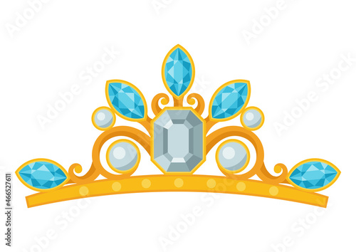 Illustration of beautiful gold jewelry tiara with precious stones.