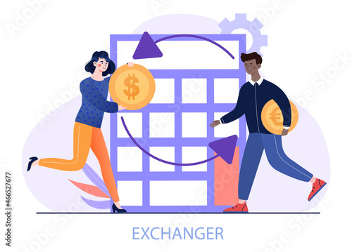 Concept of urrency exchange. Man carries coin to girl who brings him dollar. Favorable rate, investment, earnings, savings. Financial literacy, banking services. Cartoon flat vector illustration photo