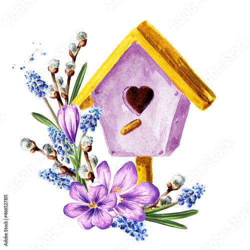 Birdhouse and spring flowers. Watercolor hand drawn illustration, isolated on white background © dariaustiugova