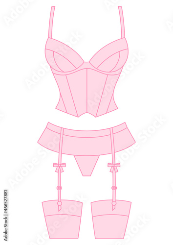 Illustration of female bustier and suspender belt. Fashion woman underwear.
