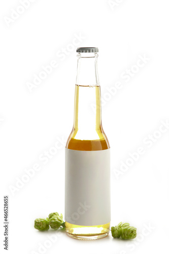 Beer bottle with hop cones isolated on white background, close up. Vertical photo