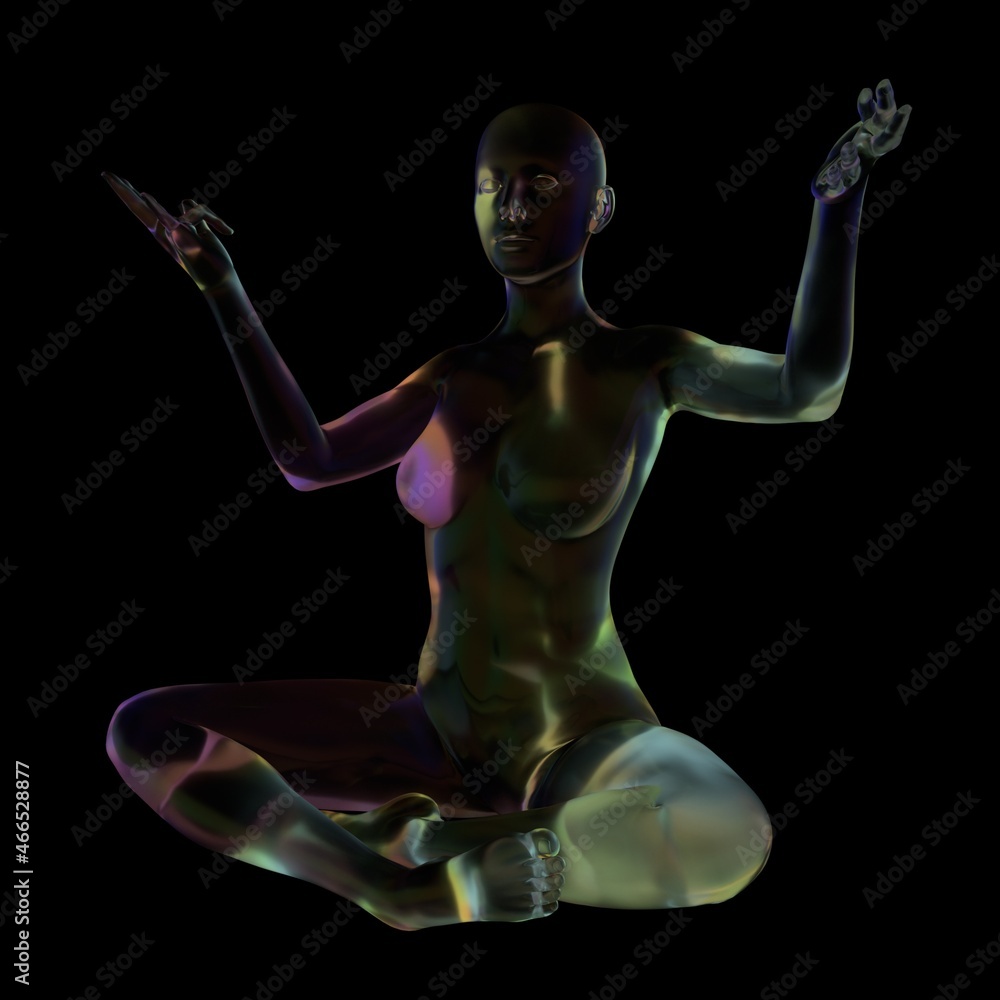 Abstract surreal 3d illustration of a woman sitting in a lotus pose in the dark, statue made of glass.