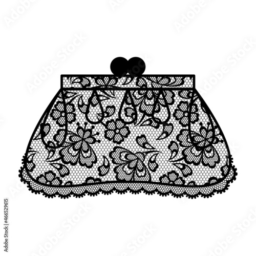 Illustration of female lacy handbag. Vintage lace background, floral ornament.