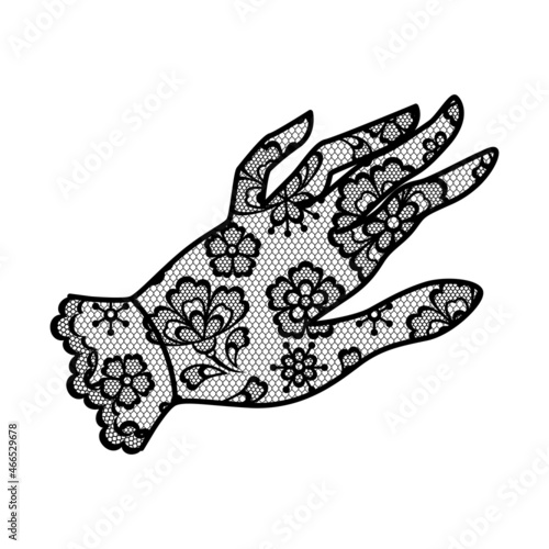 Illustration of female lacy glove. Vintage lace background, floral ornament.