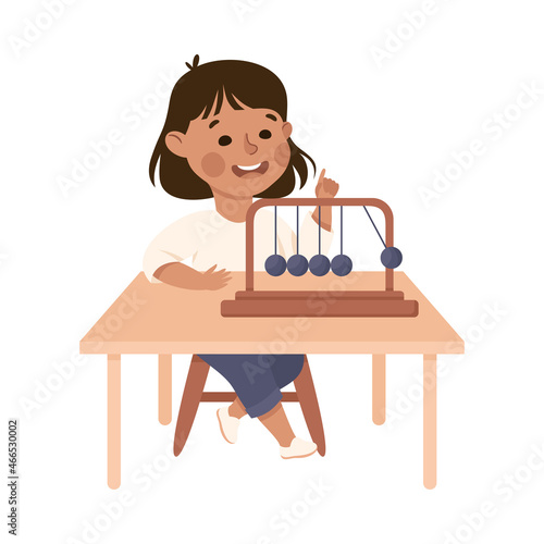 Little Girl Working on Physics Science Experiment with Pendulum Vector Illustration