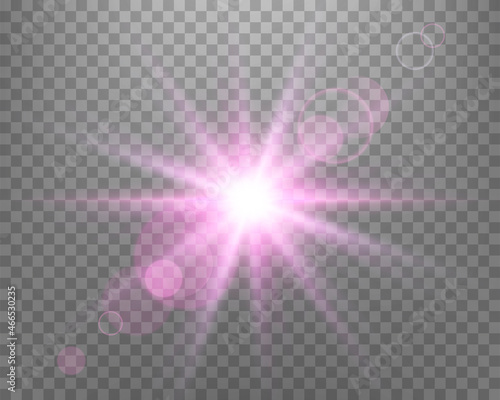 Sunlight lens flare, sun flash with rays and spotlight. Pink glowing burst explosion on a transparent background.  .Vector illustration.