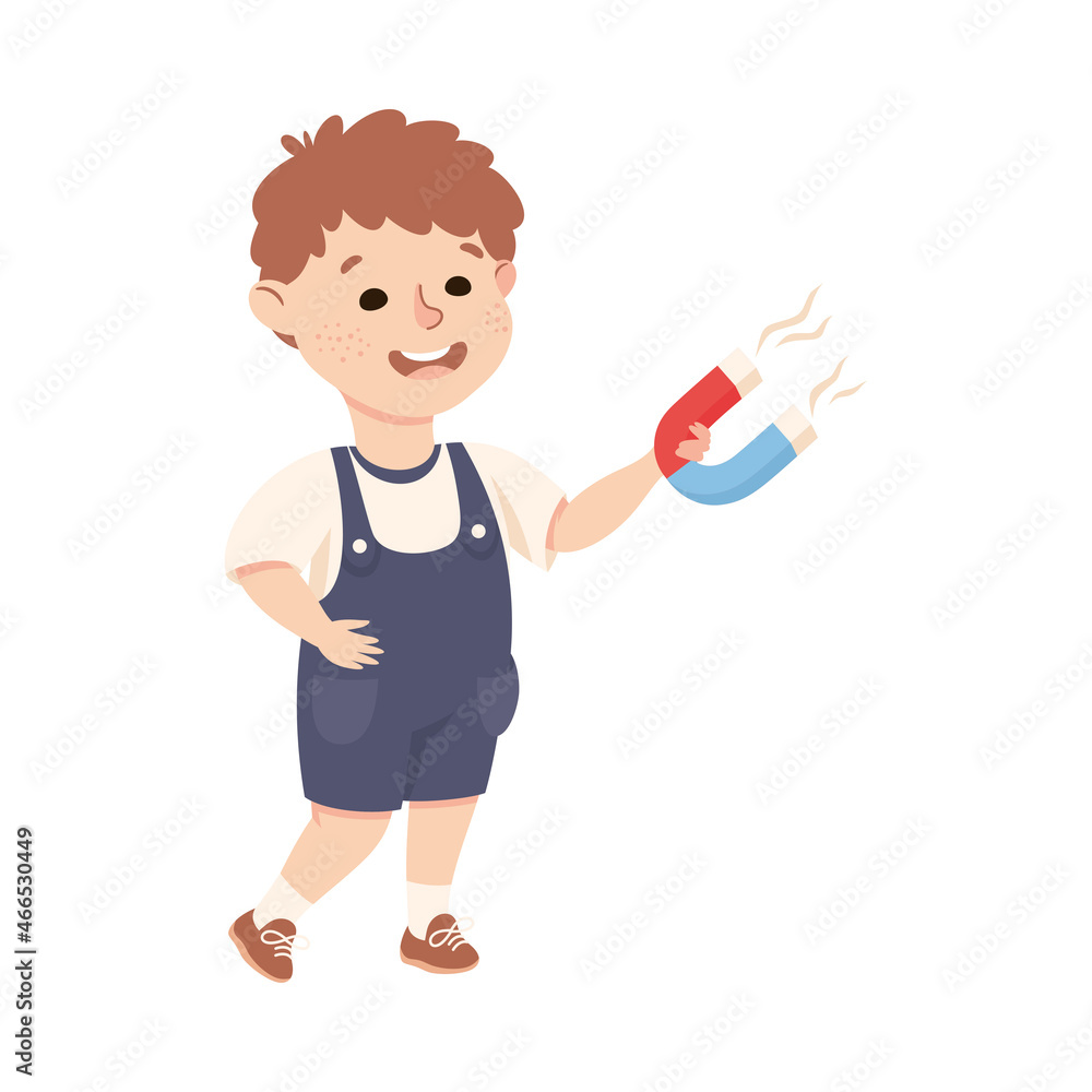 Little Boy Working on Physics Science Experiment with Magnet Vector Illustration Little Boy Working on Physics Science Experiment with Magnet Vector Illustration