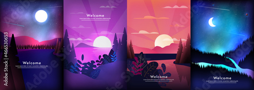 Set of illustrations landscapes in a minimalist style. Vector poster, wallpaper, background, banner. 