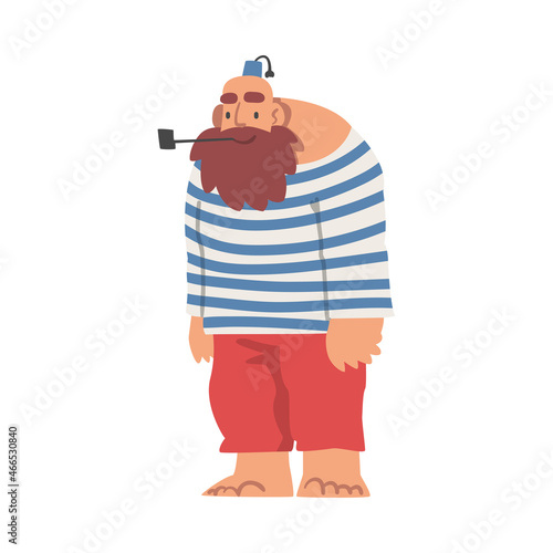 Bearded Brutal Man Pirate or Buccaneer Character in Striped Vest Smoking Pipe as Marine Robber Vector Illustration