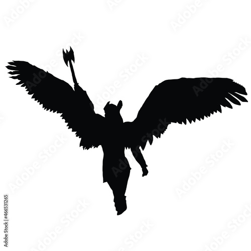 vector drawing of a black silhouette on a white background of a beautiful girl with long hair. she has big angel wings on her back and a weapon in her hand. she 's a valkyrie .2d art