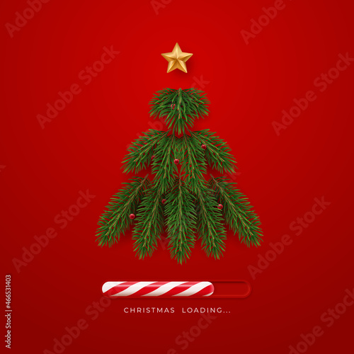 Realistic fir tree made of branches decorated with star and red balls. Christmas is loading. New year concept card illustration on red background