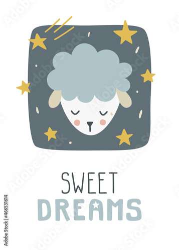 Cute little lamb head in stars. Sweet dreams text. Print for poster, apparel, fabric, paper, card, postcard, notes, nursery.