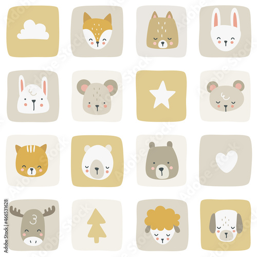 Cute doodle animals head childish patchwork pastel pattern. Seamless texture for fabric, textile, wrapping, paper, stationery, nursery.