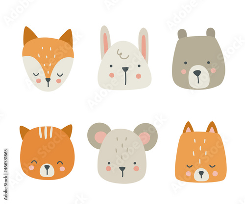 Cute scandinavian style collection of animals head. Simple doodle set of animal faces. Sticker bundle.