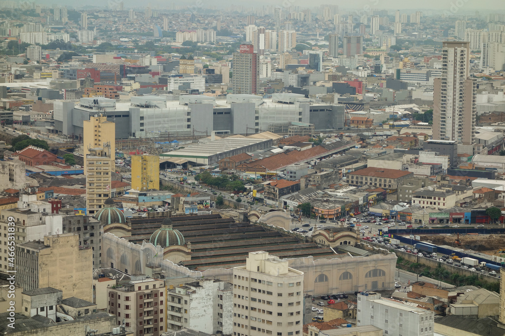 Sao Paulo cityscape, panoramic aerial. Mercadao municipal market view