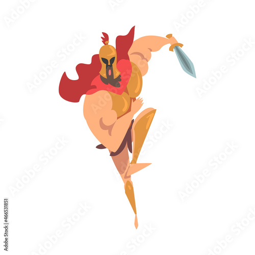 Spartan Man in Red Cloak and Helmet Armed with Sword Attacking Vector Illustration