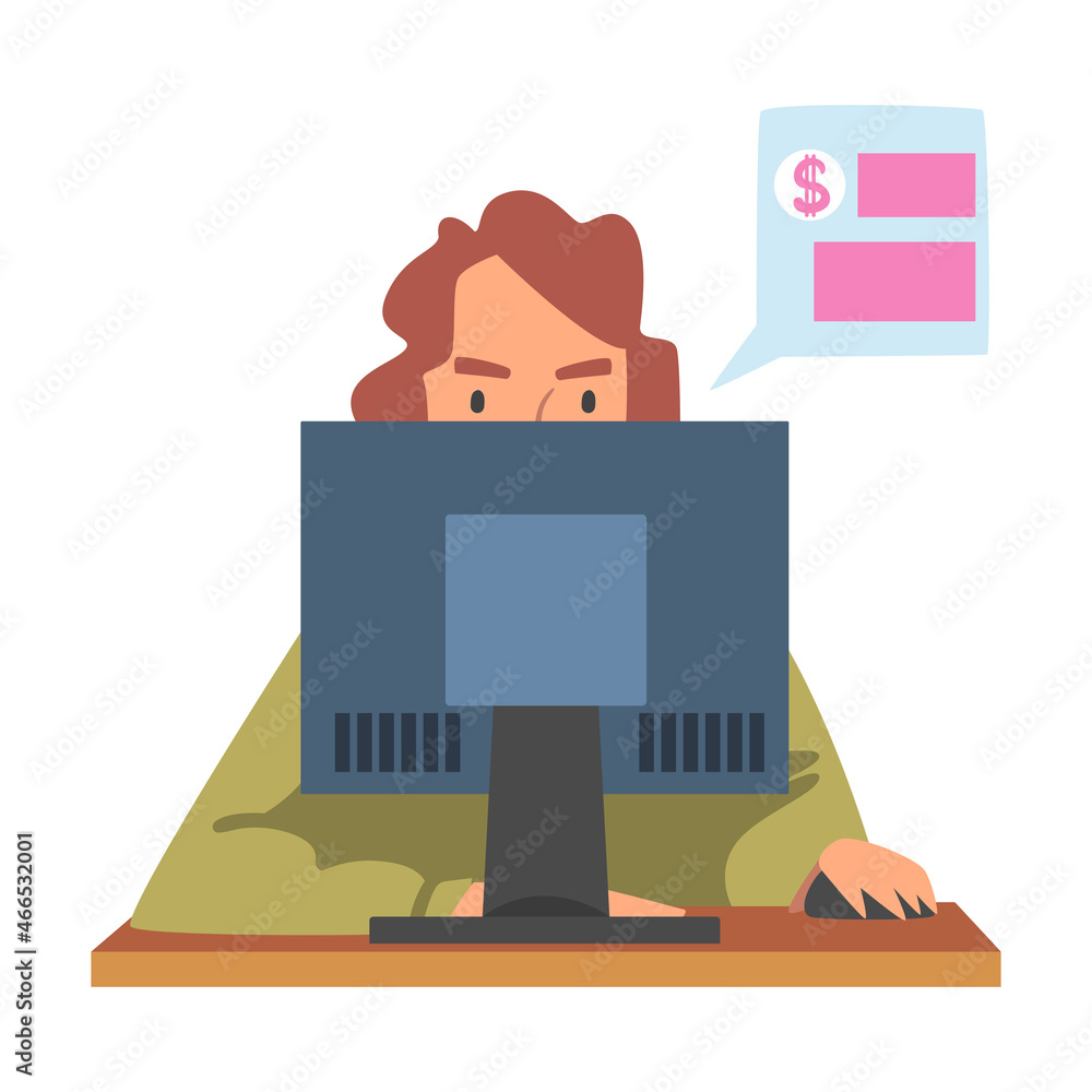 Woman at Desktop Computer Analyzing Financial Profit Growth and Evaluating Revenue and Expense Vector Illustration