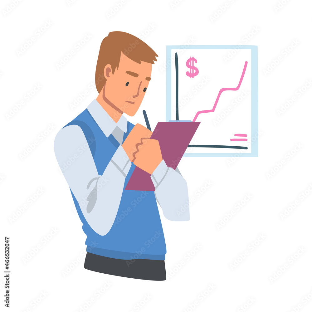 Man with Clipboard Analyzing Financial Profit Growth and Evaluating Revenue and Expense Vector Illustration Man with Clipboard Analyzing Financial Profit Growth and Evaluating Revenue and Expense Vector Illustration