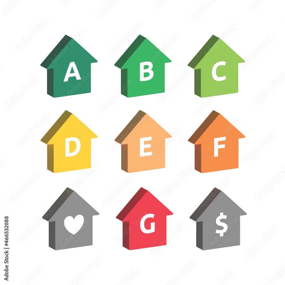 EPC - Energy Performance Certificate Icons from A to G - High to low performance of power consumption EPC - Energy Performance Certificate Icons from A to G - High to low performance of power consumption