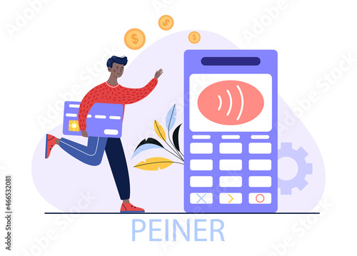 Concept of payment processing. Man with credit card in his hands runs to terminal. Cashless transfers  modern technologies  contactless operations  money  peiner. Cartoon flat vector illustration