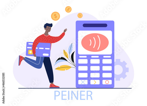 Concept of payment processing. Man with credit card in his hands runs to terminal. Cashless transfers, modern technologies, contactless operations, money, peiner. Cartoon flat vector illustration