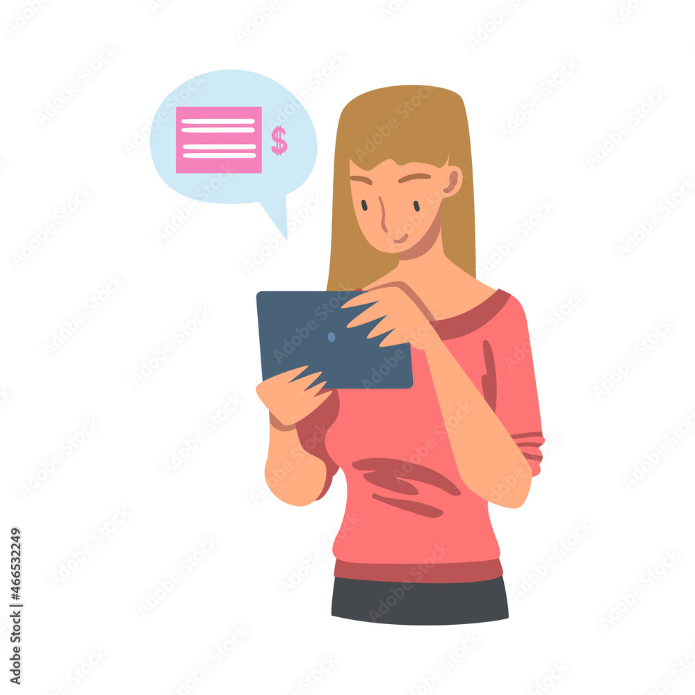 Woman with Tablet PC Analyzing Financial Profit Growth and Evaluating Revenue and Expense Vector Illustration Woman with Tablet PC Analyzing Financial Profit Growth and Evaluating Revenue and Expense Vector Illustration
