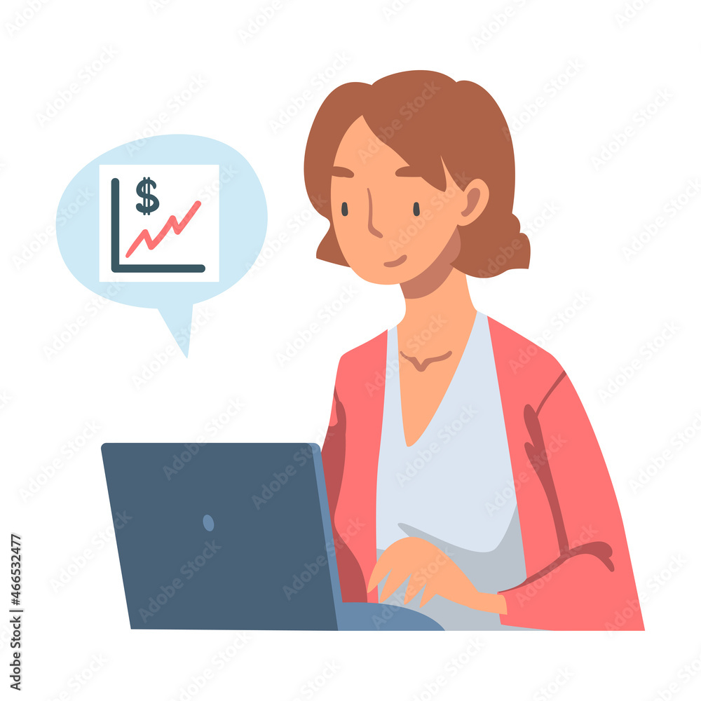 Woman at Laptop Analyzing Financial Profit Growth and Evaluating Revenue and Expense Vector Illustration Woman at Laptop Analyzing Financial Profit Growth and Evaluating Revenue and Expense Vector Illustration