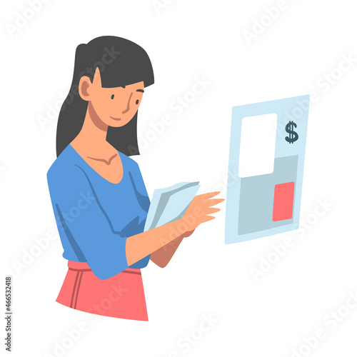 Woman Analyzing Financial Profit Growth and Evaluating Revenue and Expense Vector Illustration