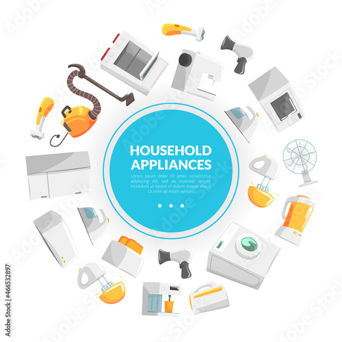 Cartoon Home Electronics and Appliance with Vacuum Cleaner and Fridge Arranged in Circle Vector Template