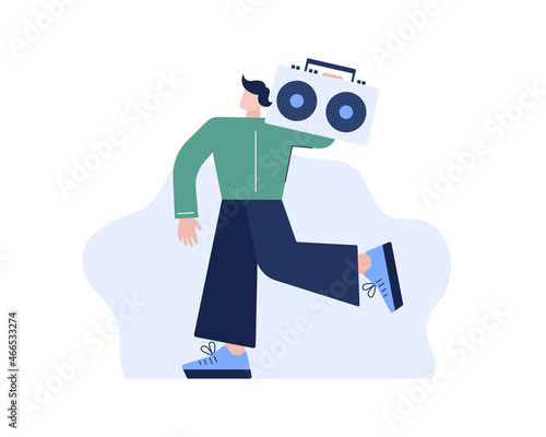 A man with a tape recorder on his shoulder. Vector flat illustration.