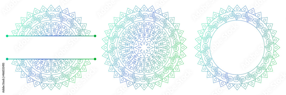 Set of flower mandalas. Split pattern in form of mandala for Henna Mehndi or tattoo decoration. Decorative ornament in ethnic oriental style, vector illustration. Set of flower mandalas. Split pattern in form of mandala for Henna Mehndi or tattoo decoration. Decorative ornament in ethnic oriental style, vector illustration.