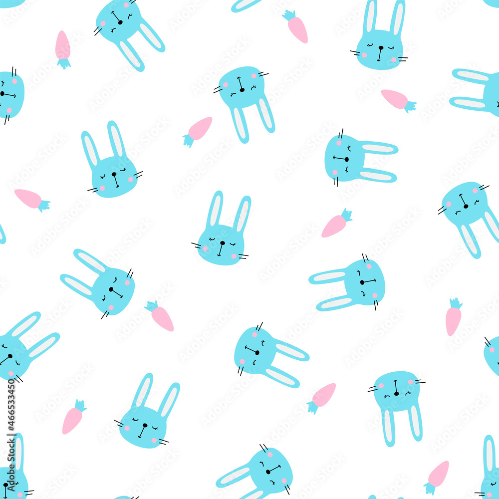 Seamless pattern with cute cartoon rabbits and carrots. Hand drawn vector illustration on white background. Seamless pattern with cute cartoon rabbits and carrots. Hand drawn vector illustration on white background.