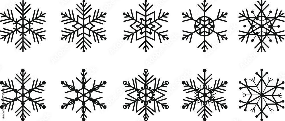Vector set of snowflakes in linear style. Сollection of black snowflakes on white background Vector set of snowflakes in linear style. Сollection of black snowflakes on white background