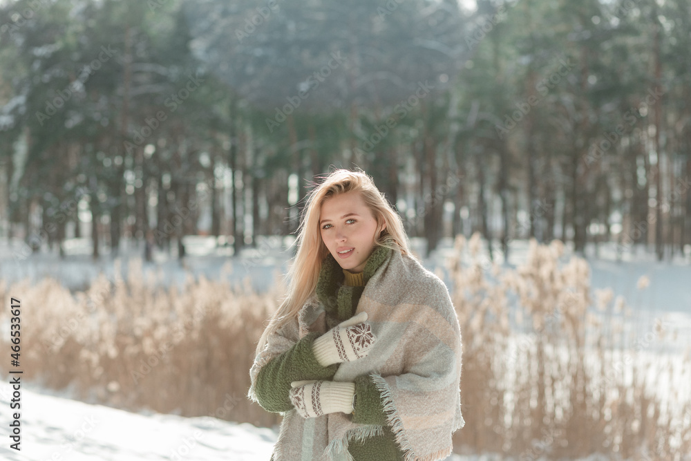 Pretty young blond woman, dressed warmly, with a scarf and mittens. Winter time outside Pretty young blond woman, dressed warmly, with a scarf and mittens. Winter time outside