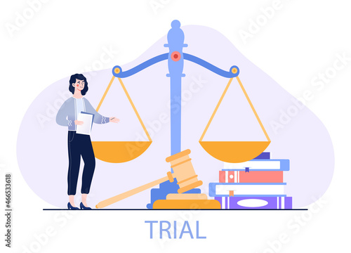 Concept of litigation support. Woman stands with scales of justice. Lawyer invites clients to his place. Graphic elements for website, banner, legal professional. Cartoon flat vector illustration