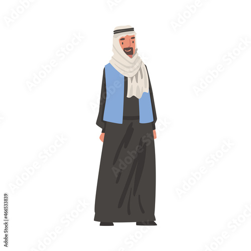 Arab Bearded Man Standing in Traditional Muslim Dress and Long Flowing Garment Vector Illustration
