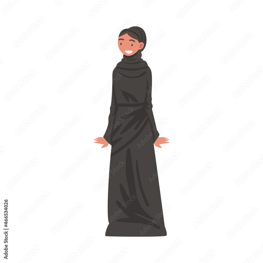 Arab Woman Standing in Traditional Muslim Dress and Long Flowing Garment Vector Illustration Arab Woman Standing in Traditional Muslim Dress and Long Flowing Garment Vector Illustration