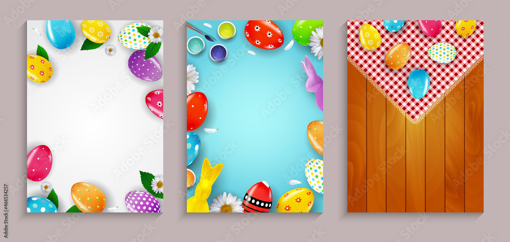 Fototapeta premium Easter sale poster set template with 3d realistic Easter eggs and paint. Template for advertising, poster, flyer, greeting card. Vector Illustration EPS10