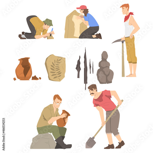 People Archaeologist Working on Excavations in Search of Archaeological Remains Vector Set