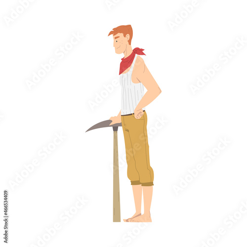Man Archaeologist with Pickaxe Working on Excavations in Search of Archaeological Remains Vector Illustration