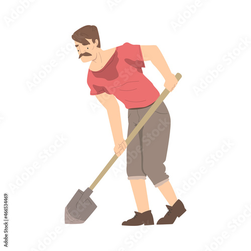 Moustached Man Archaeologist with Shovel Working on Excavations in Search of Archaeological Remains Vector Illustration